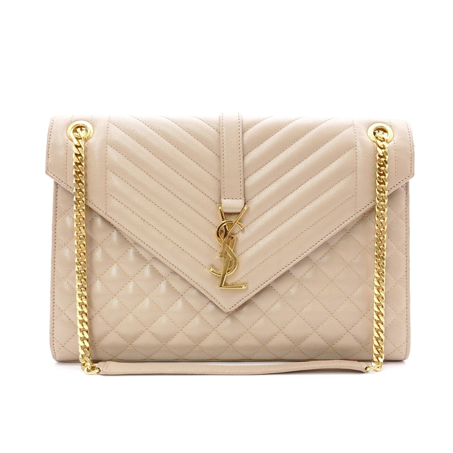 SAINT LAURENT Quilted Envelope Shoulder Bag, Leather, Beige, Gold Hardware, YSL Crossbody