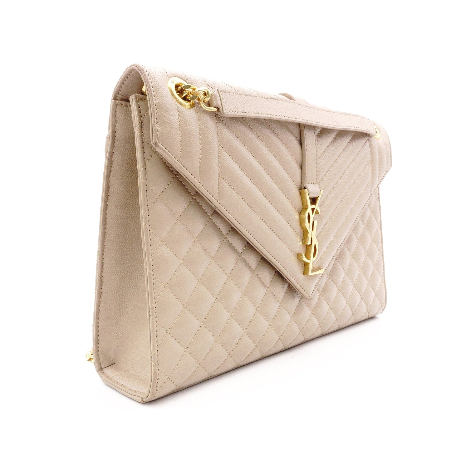 SAINT LAURENT Quilted Envelope Shoulder Bag, Leather, Beige, Gold Hardware, YSL Crossbody