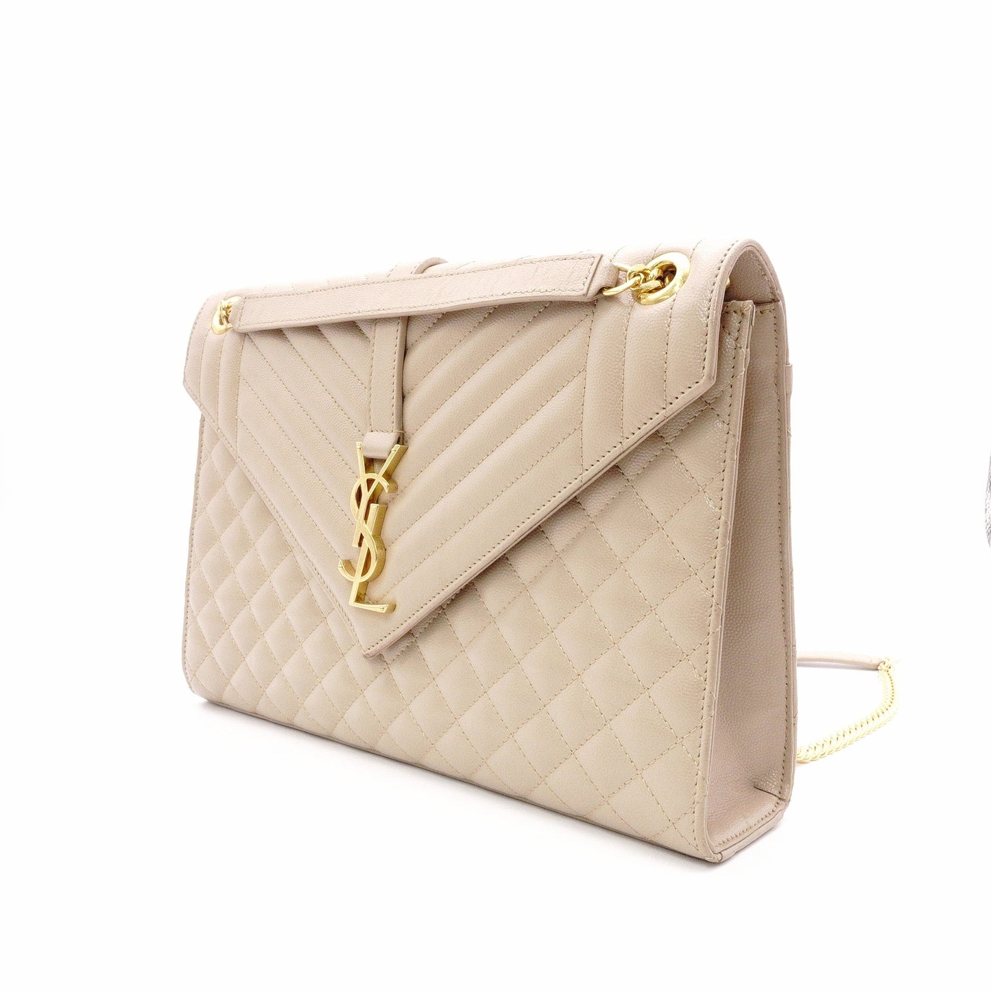 SAINT LAURENT Quilted Envelope Shoulder Bag, Leather, Beige, Gold Hardware, YSL Crossbody