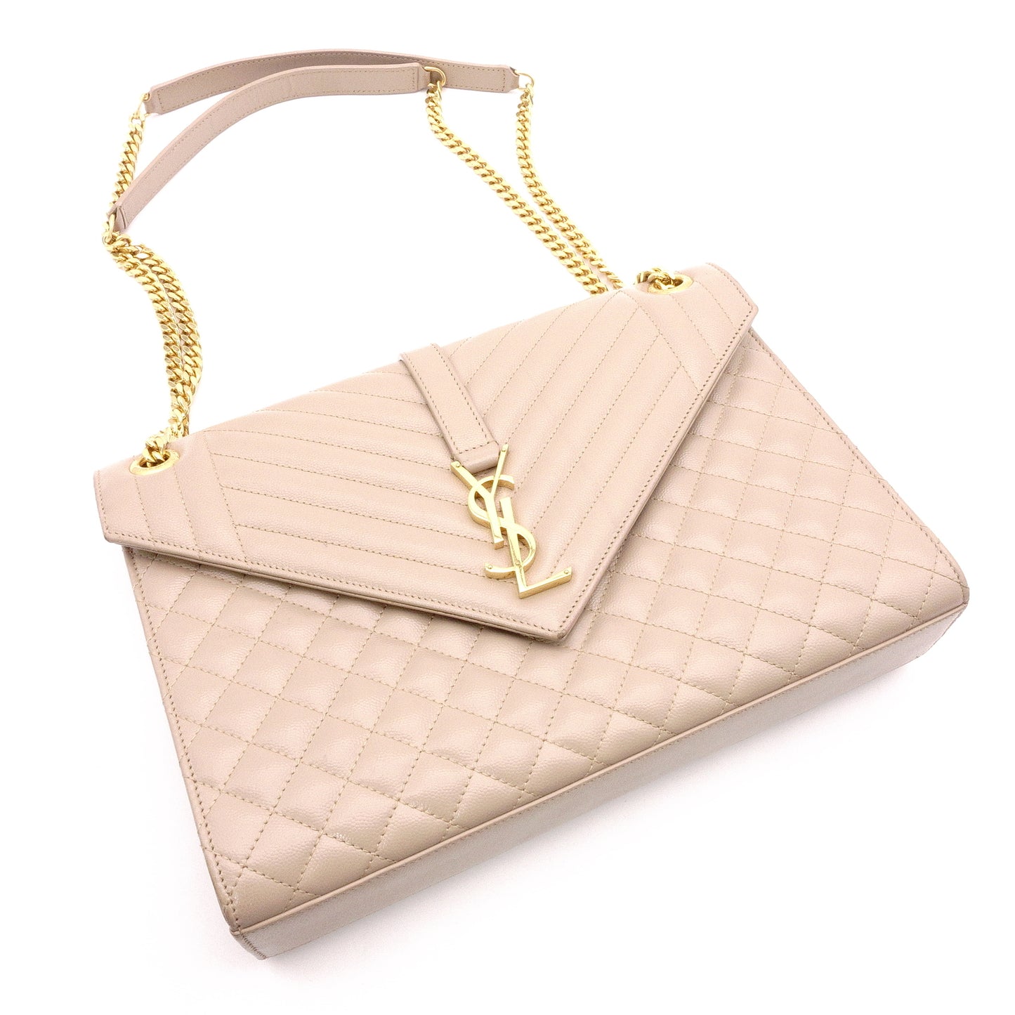 SAINT LAURENT Quilted Envelope Shoulder Bag, Leather, Beige, Gold Hardware, YSL Crossbody