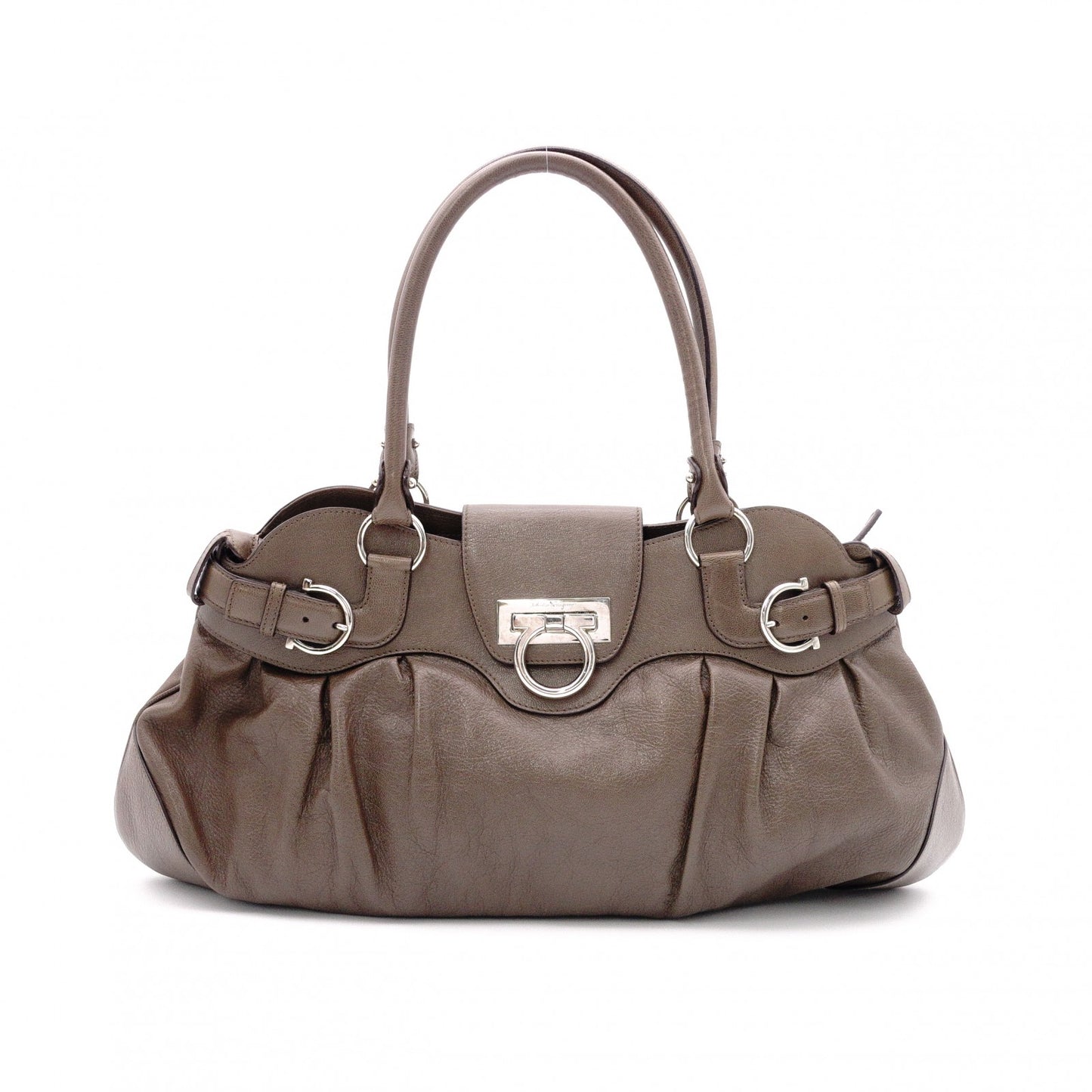 Salvatore Ferragamo Gancini Shoulder Bag, Leather, Brown, Silver Hardware