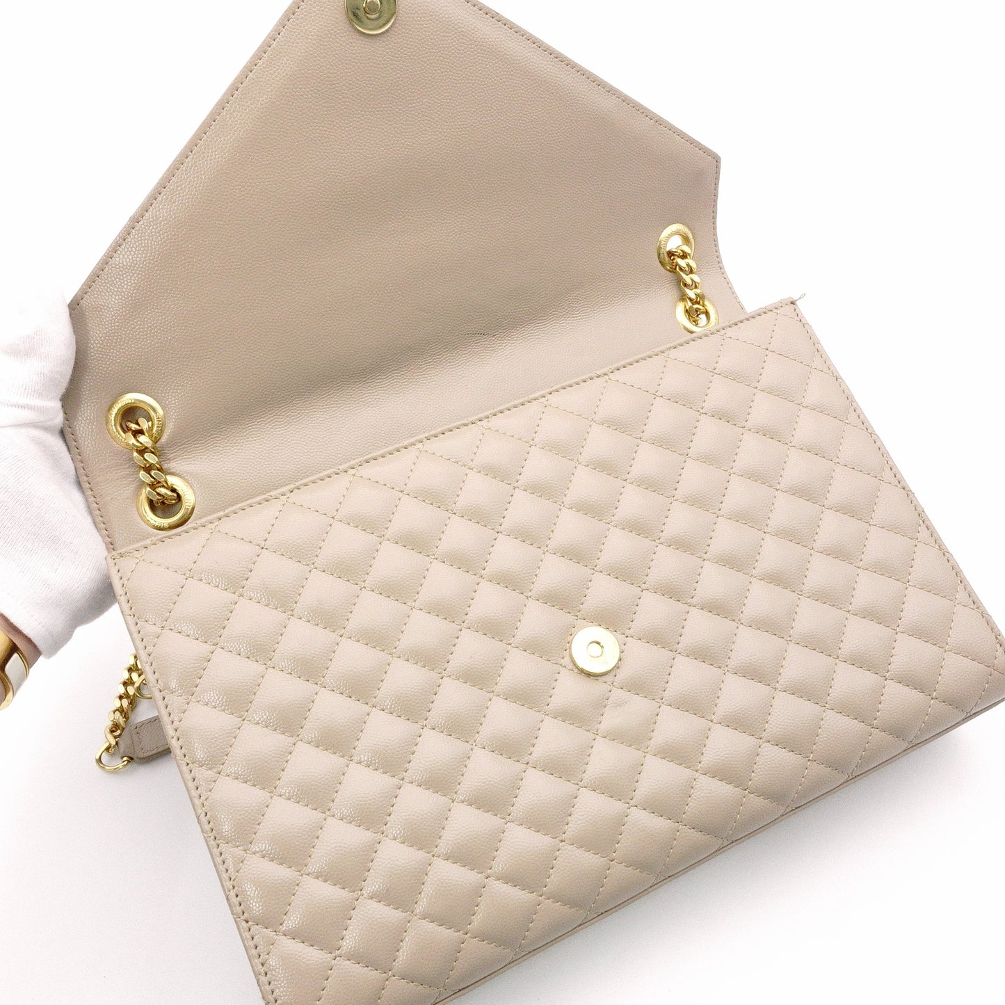 SAINT LAURENT Quilted Envelope Shoulder Bag, Leather, Beige, Gold Hardware, YSL Crossbody