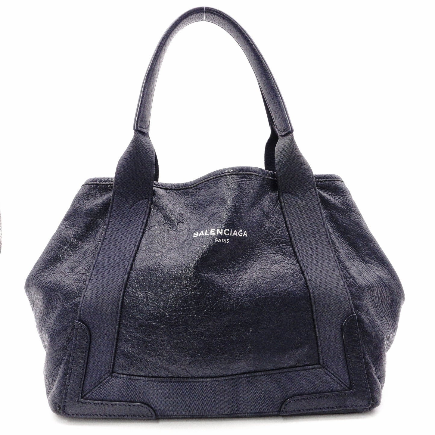 BALENCIAGA Navy Cabas Handbag, Leather, Navy, Logo Tote Bag