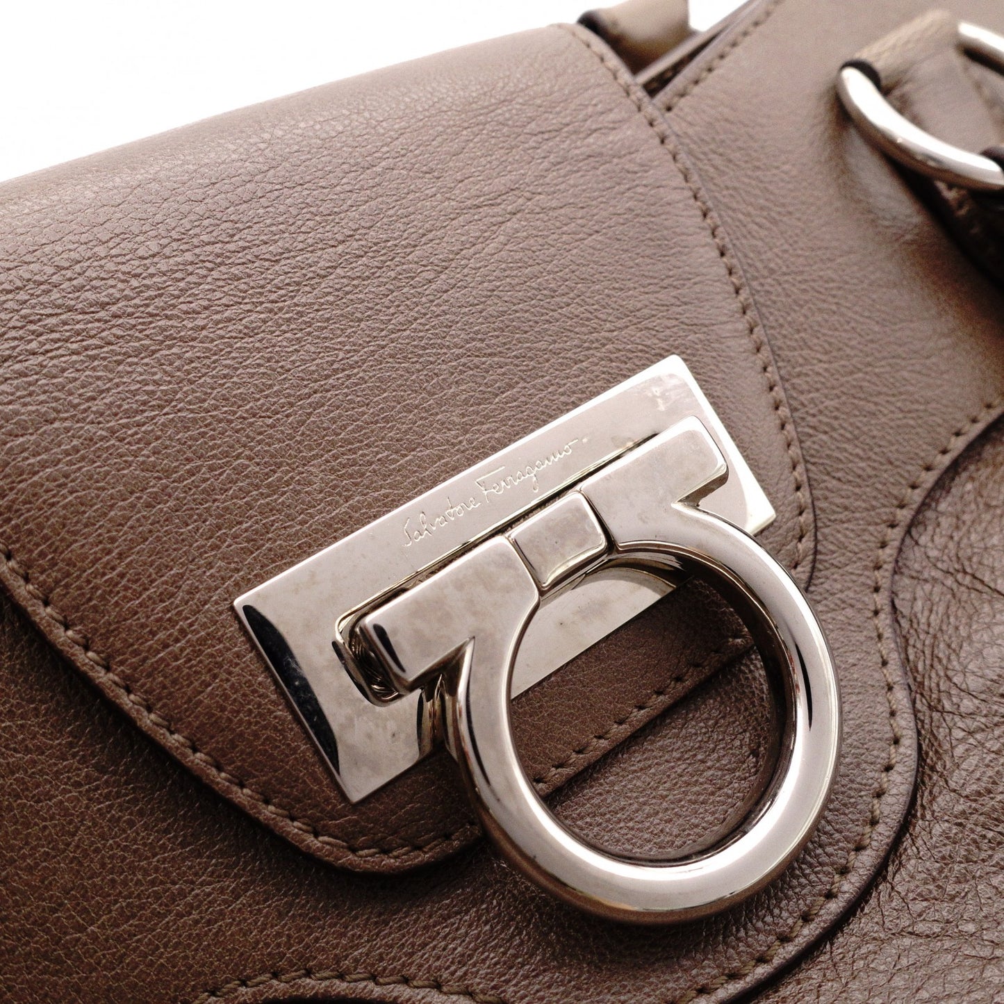 Salvatore Ferragamo Gancini Shoulder Bag, Leather, Brown, Silver Hardware