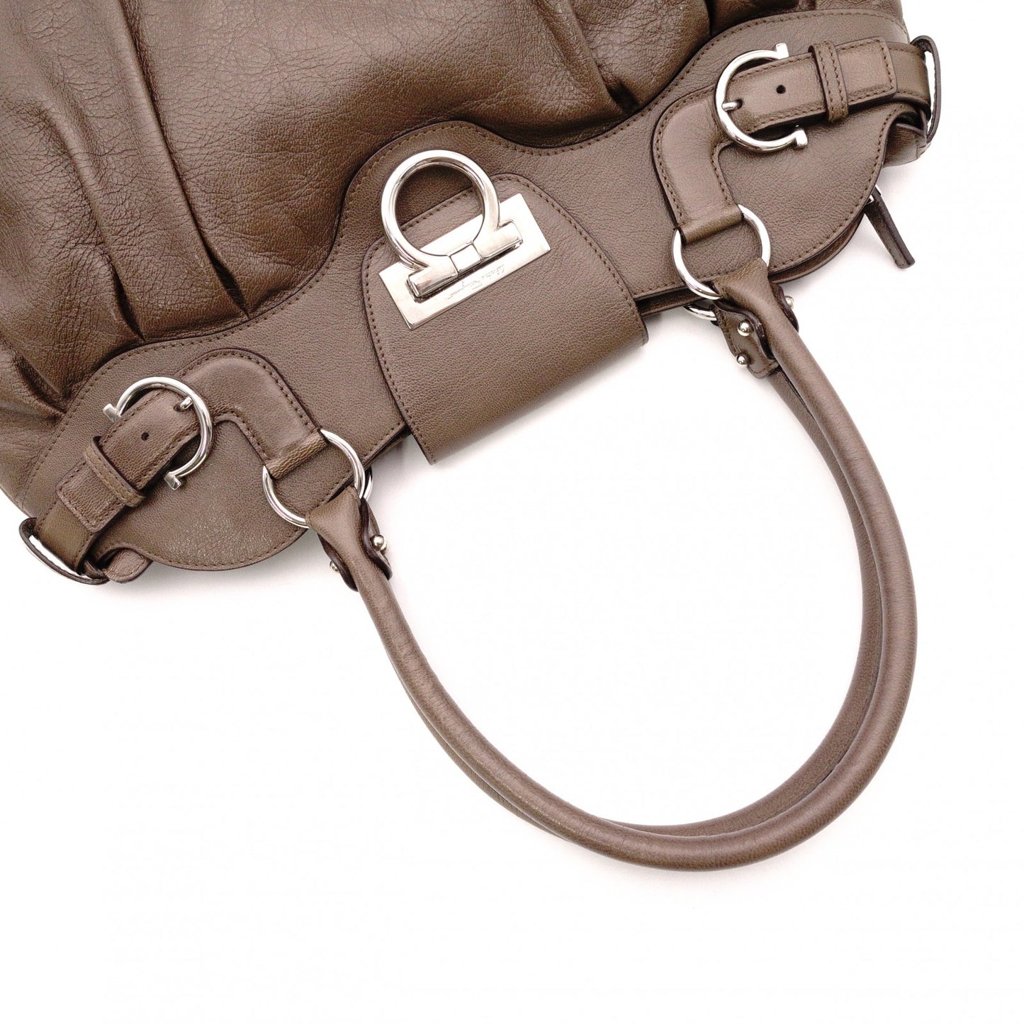 Salvatore Ferragamo Gancini Shoulder Bag, Leather, Brown, Silver Hardware