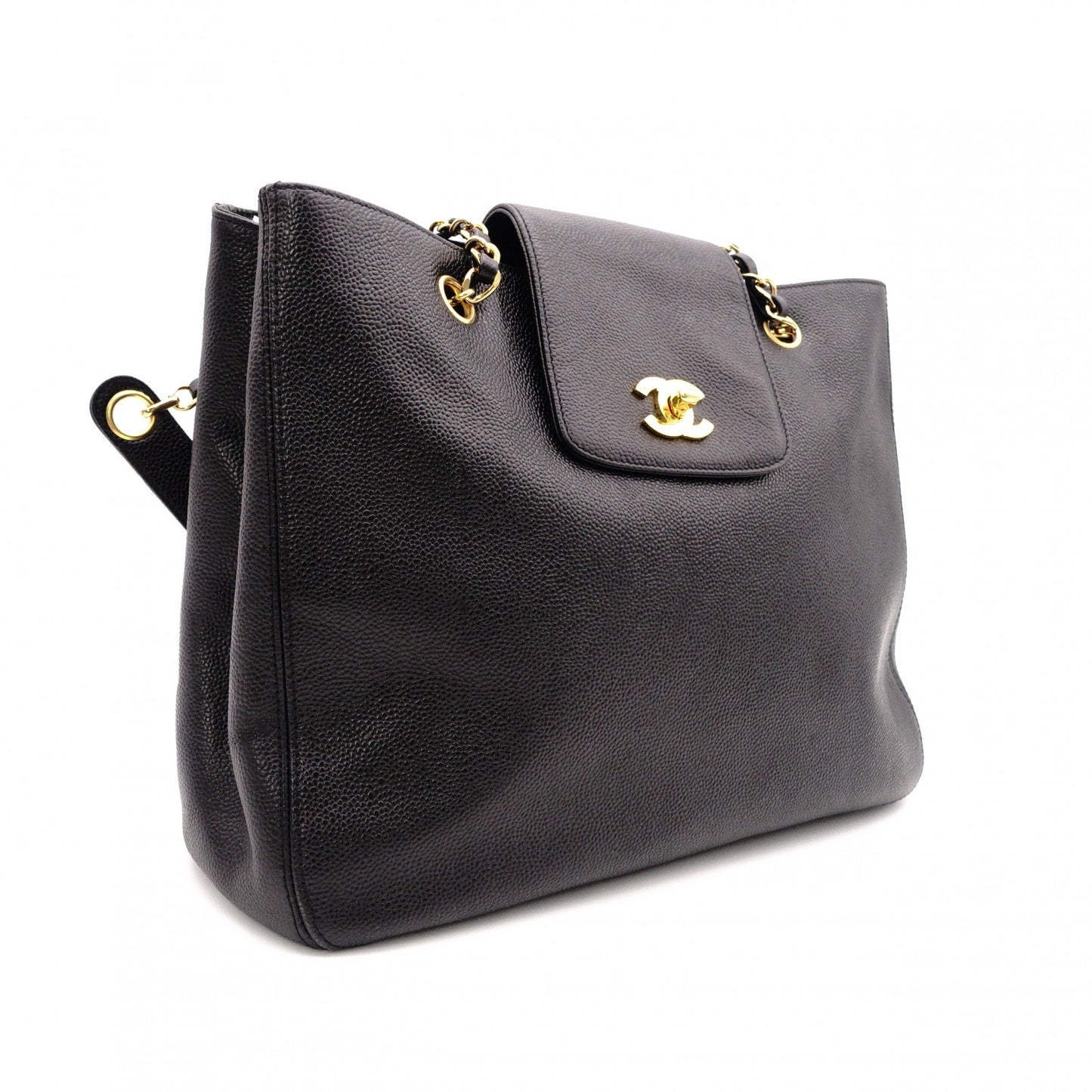 CHANEL Caviar Skin Chain Tote Bag Supermodel Shoulder Bag Leather Black Gold Hardware