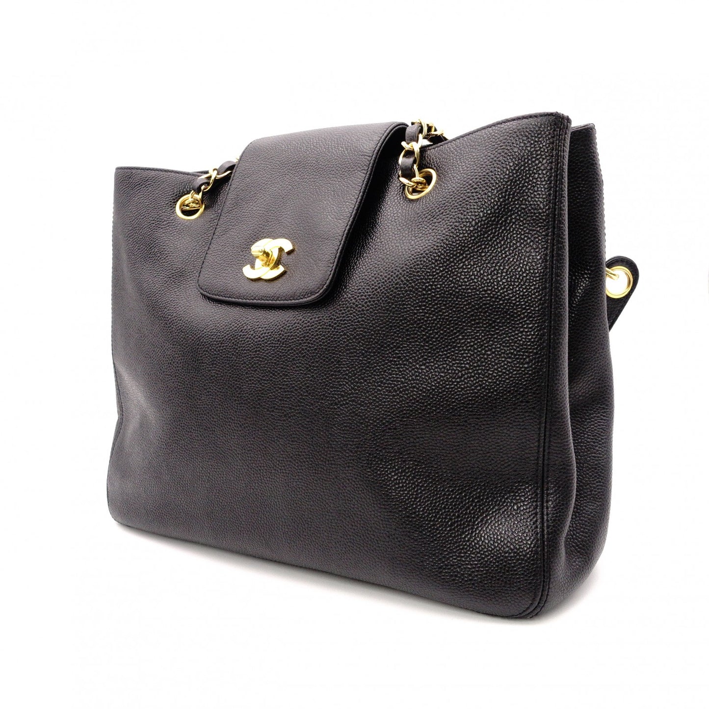 CHANEL Caviar Skin Chain Tote Bag Supermodel Shoulder Bag Leather Black Gold Hardware