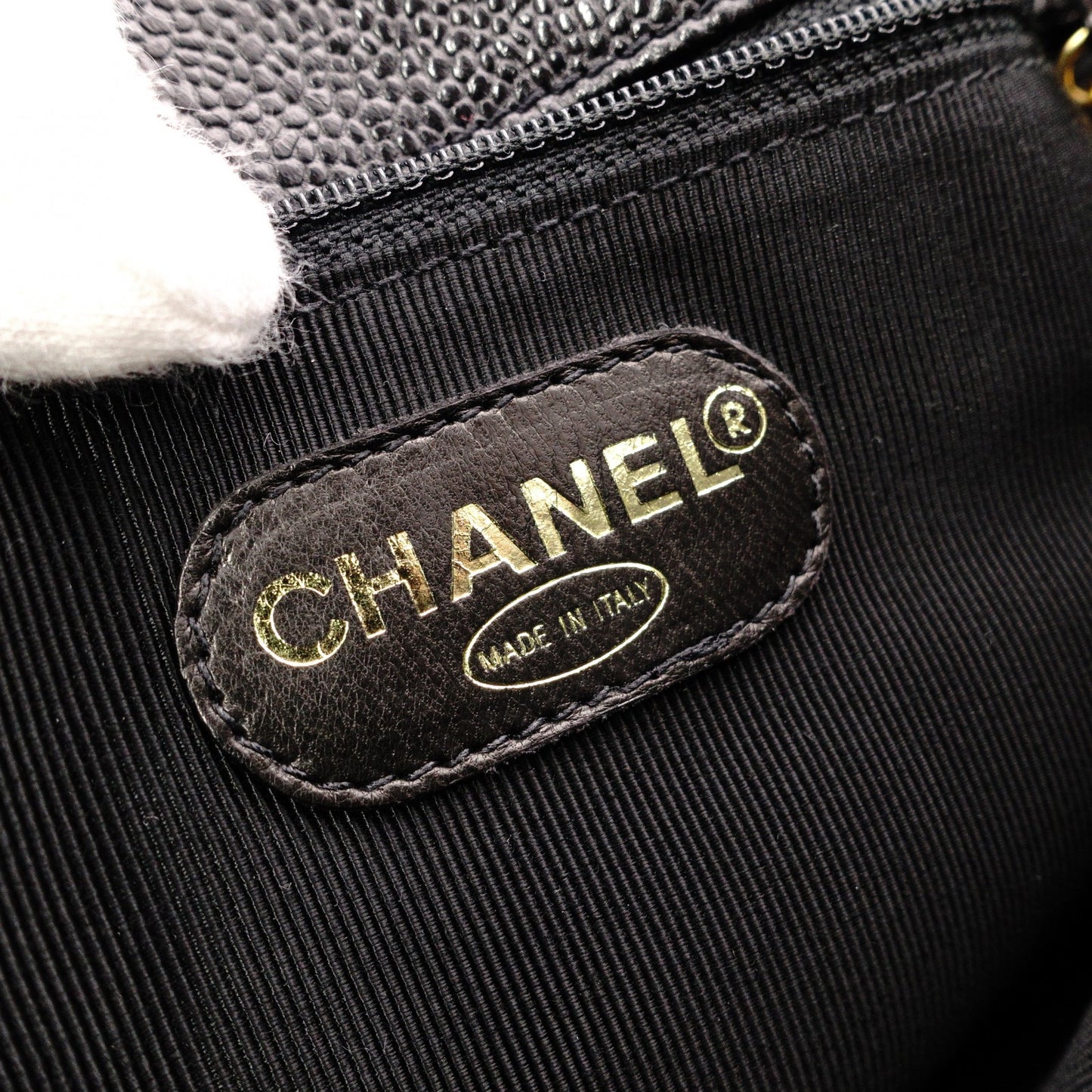 CHANEL Caviar Skin Chain Tote Bag Supermodel Shoulder Bag Leather Black Gold Hardware