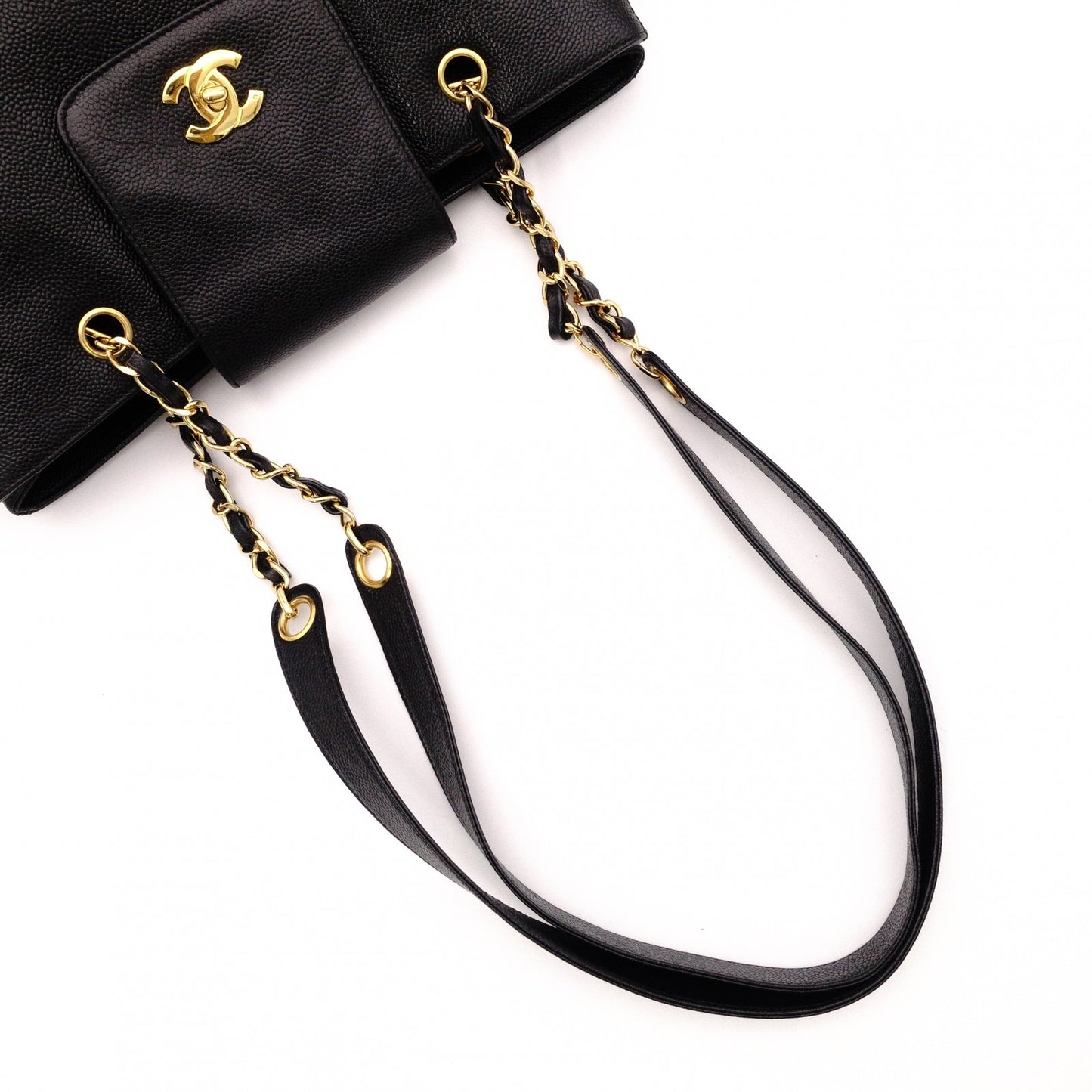 CHANEL Caviar Skin Chain Tote Bag Supermodel Shoulder Bag Leather Black Gold Hardware