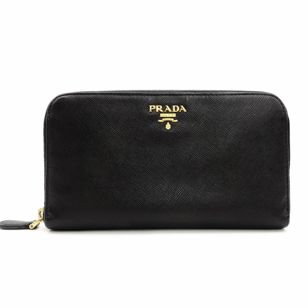 PRADA Long Wallet Saffiano Leather Black Leather Wallet Gold Hardware R801987