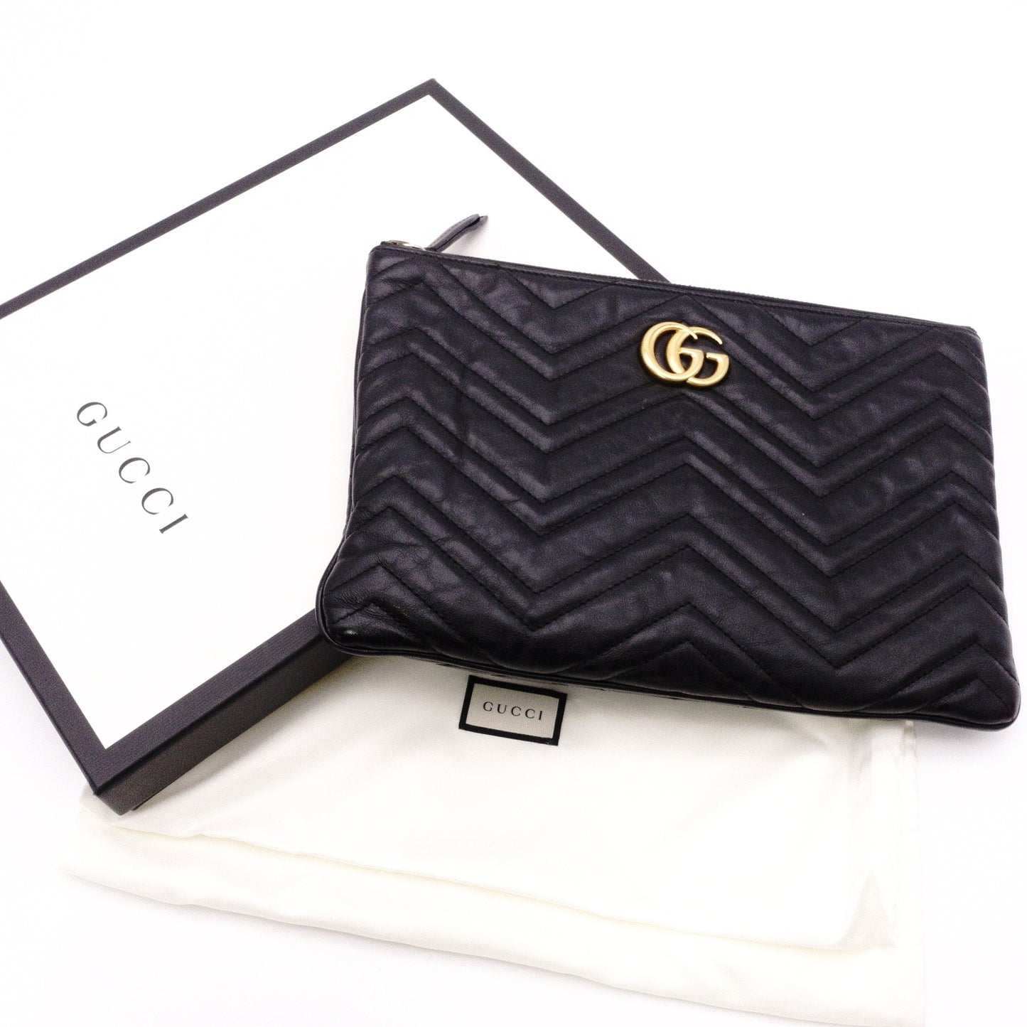 GUCCI GG Marmont Clutch Bag, Leather, Black, GG Logo, Gold Hardware, Comes with Box and Pouch