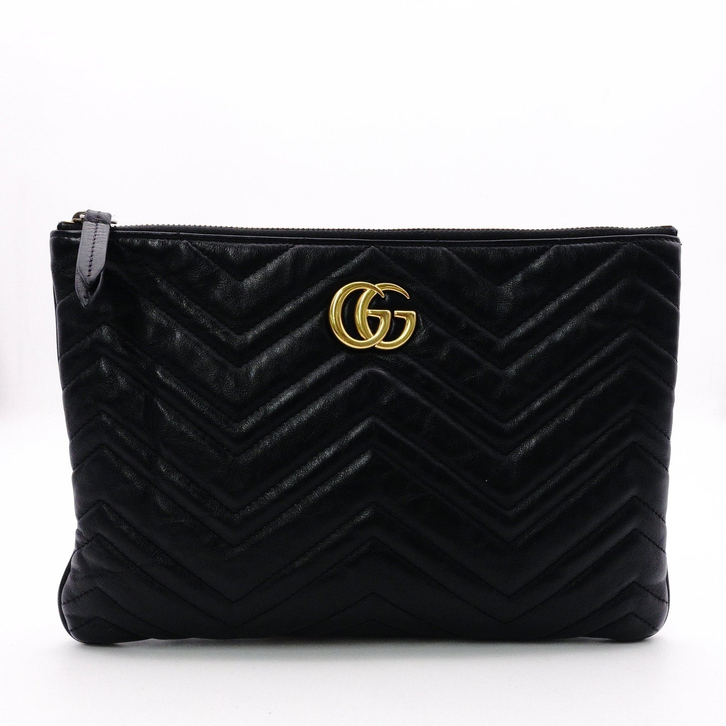 GUCCI GG Marmont Clutch Bag, Leather, Black, GG Logo, Gold Hardware, Comes with Box and Pouch