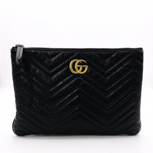 GUCCI GG Marmont Clutch Bag, Leather, Black, GG Logo, Gold Hardware, Comes with Box and Pouch