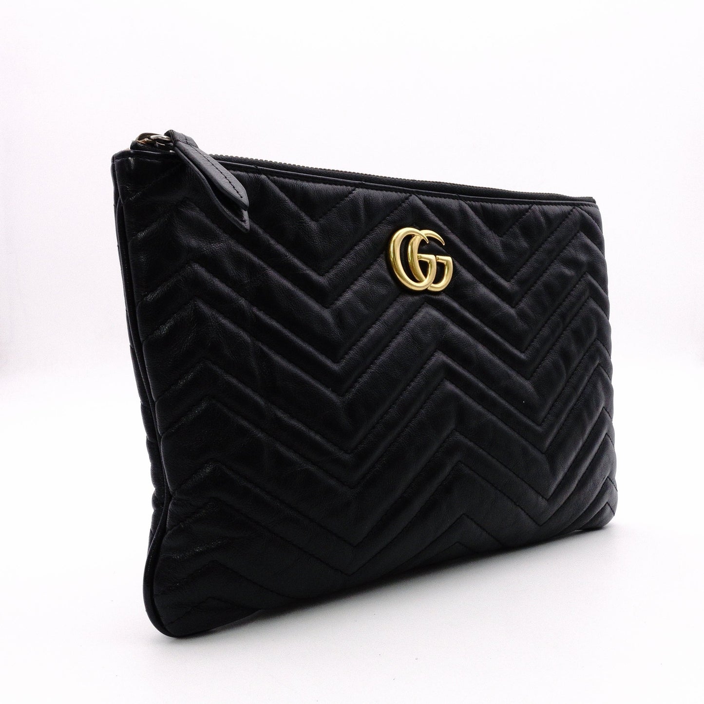 GUCCI GG Marmont Clutch Bag, Leather, Black, GG Logo, Gold Hardware, Comes with Box and Pouch
