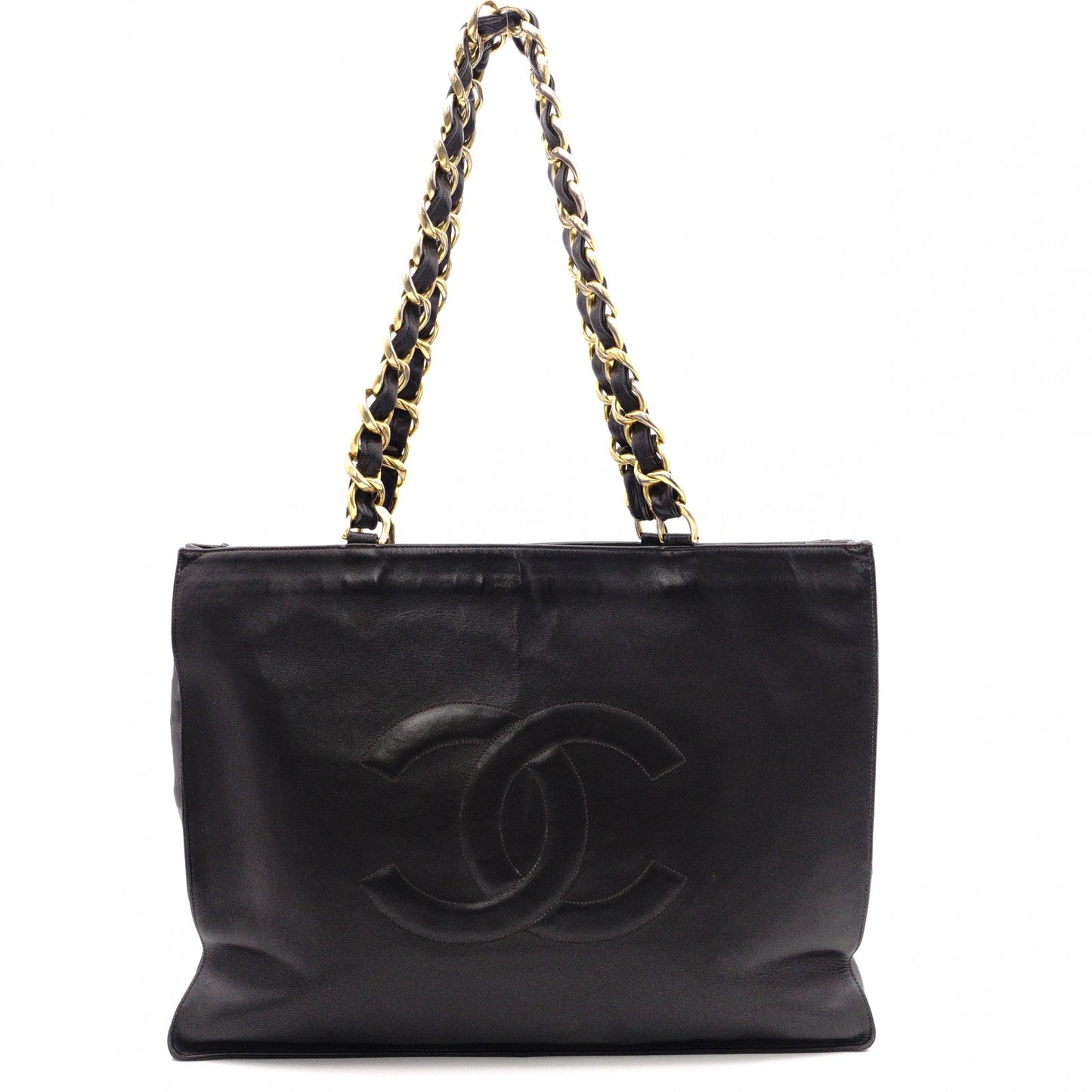 CHANEL Lambskin Chain Tote Bag with Coco Logo, Leather Shoulder Bag, Black, Vintage, Gold Hardware