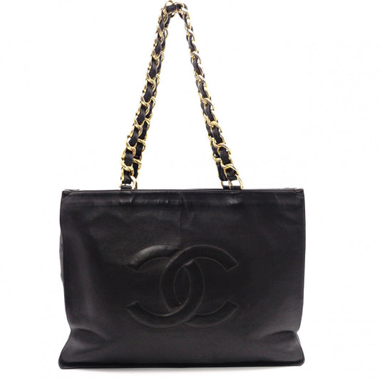 CHANEL Lambskin Chain Tote Bag with Coco Logo, Leather Shoulder Bag, Black, Vintage, Gold Hardware