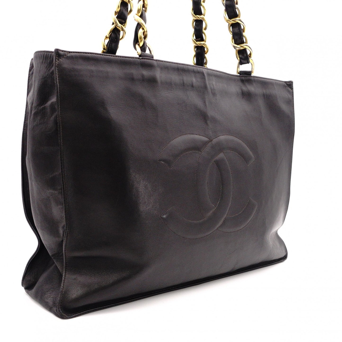 CHANEL Lambskin Chain Tote Bag with Coco Logo, Leather Shoulder Bag, Black, Vintage, Gold Hardware