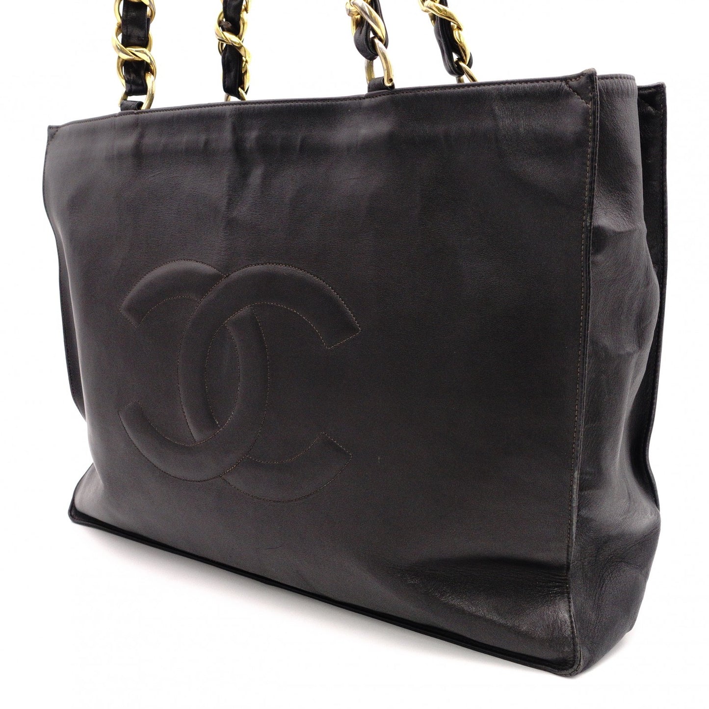 CHANEL Lambskin Chain Tote Bag with Coco Logo, Leather Shoulder Bag, Black, Vintage, Gold Hardware