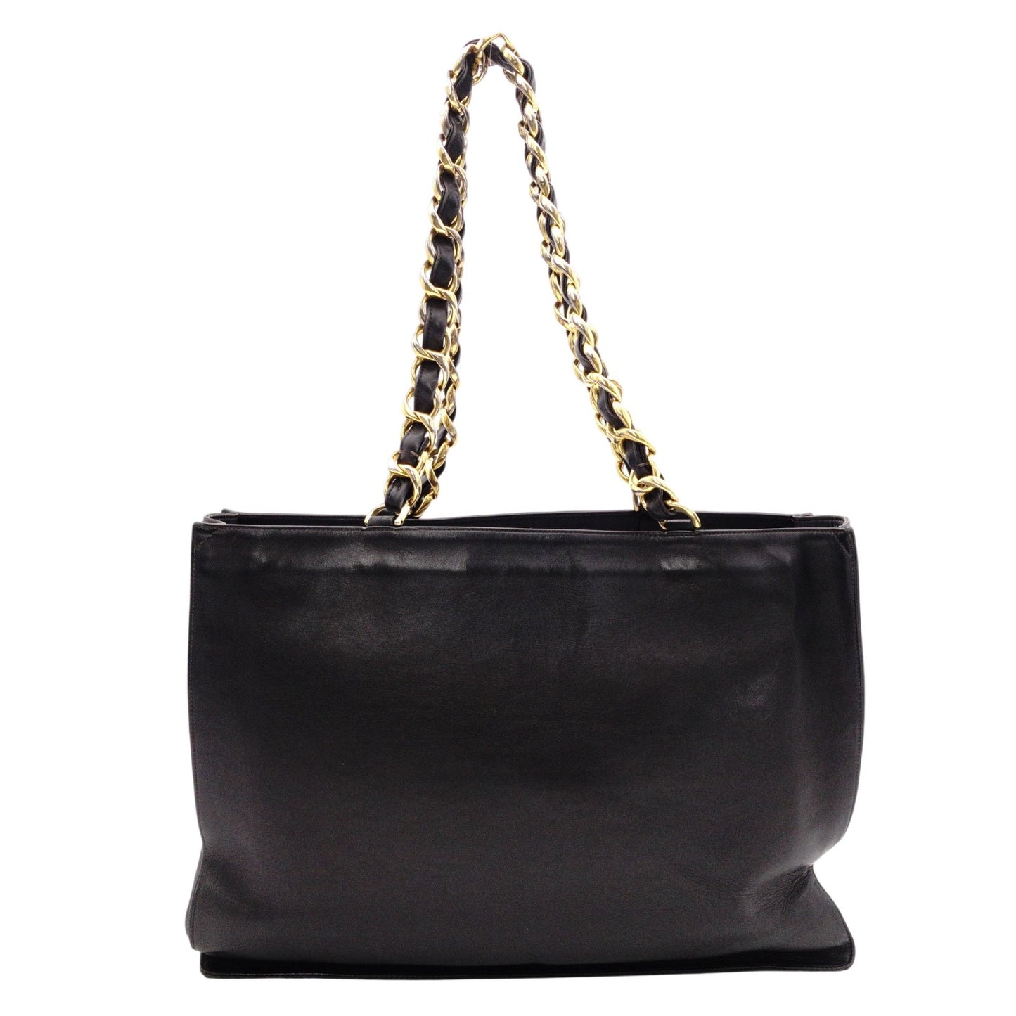 CHANEL Lambskin Chain Tote Bag with Coco Logo, Leather Shoulder Bag, Black, Vintage, Gold Hardware