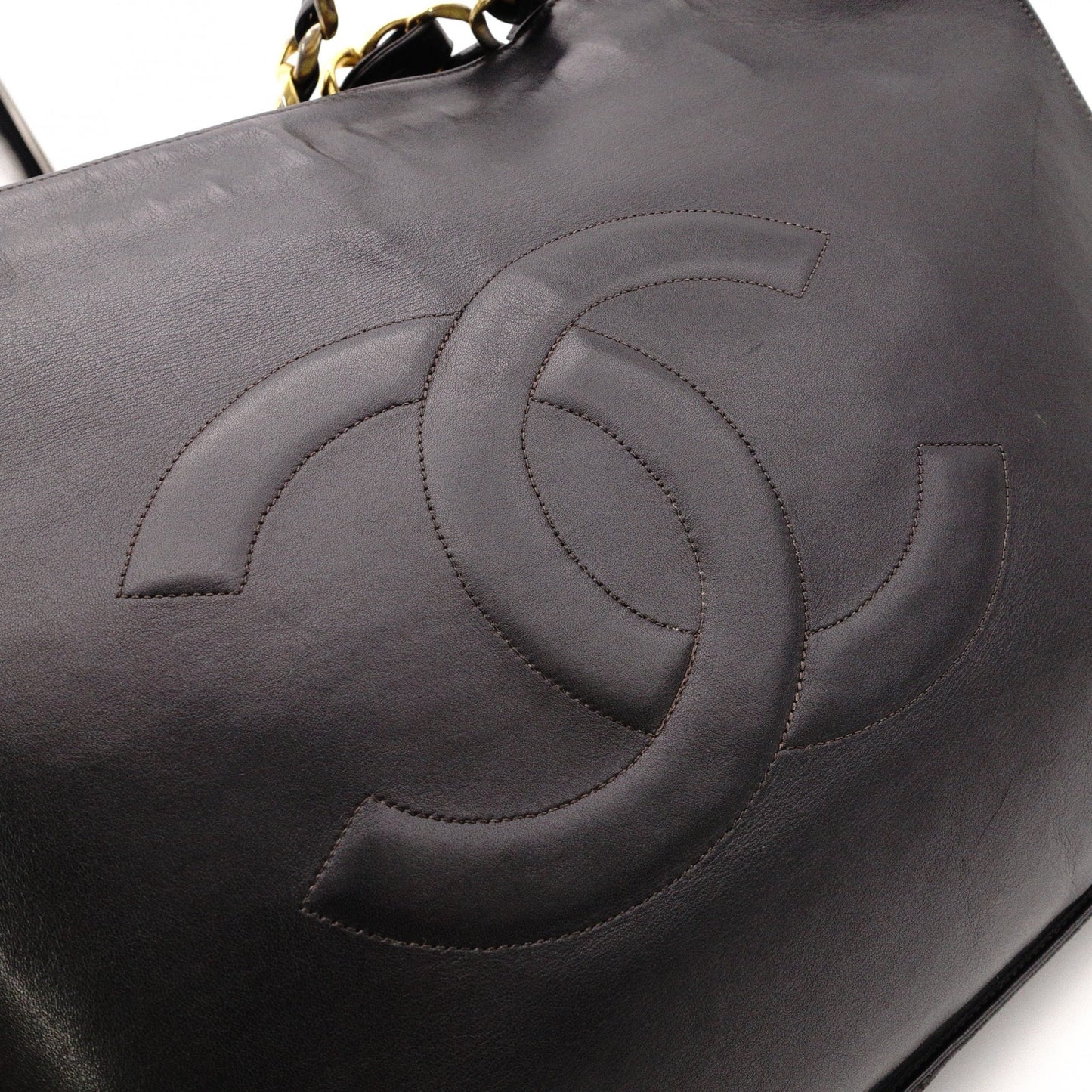 CHANEL Lambskin Chain Tote Bag with Coco Logo, Leather Shoulder Bag, Black, Vintage, Gold Hardware