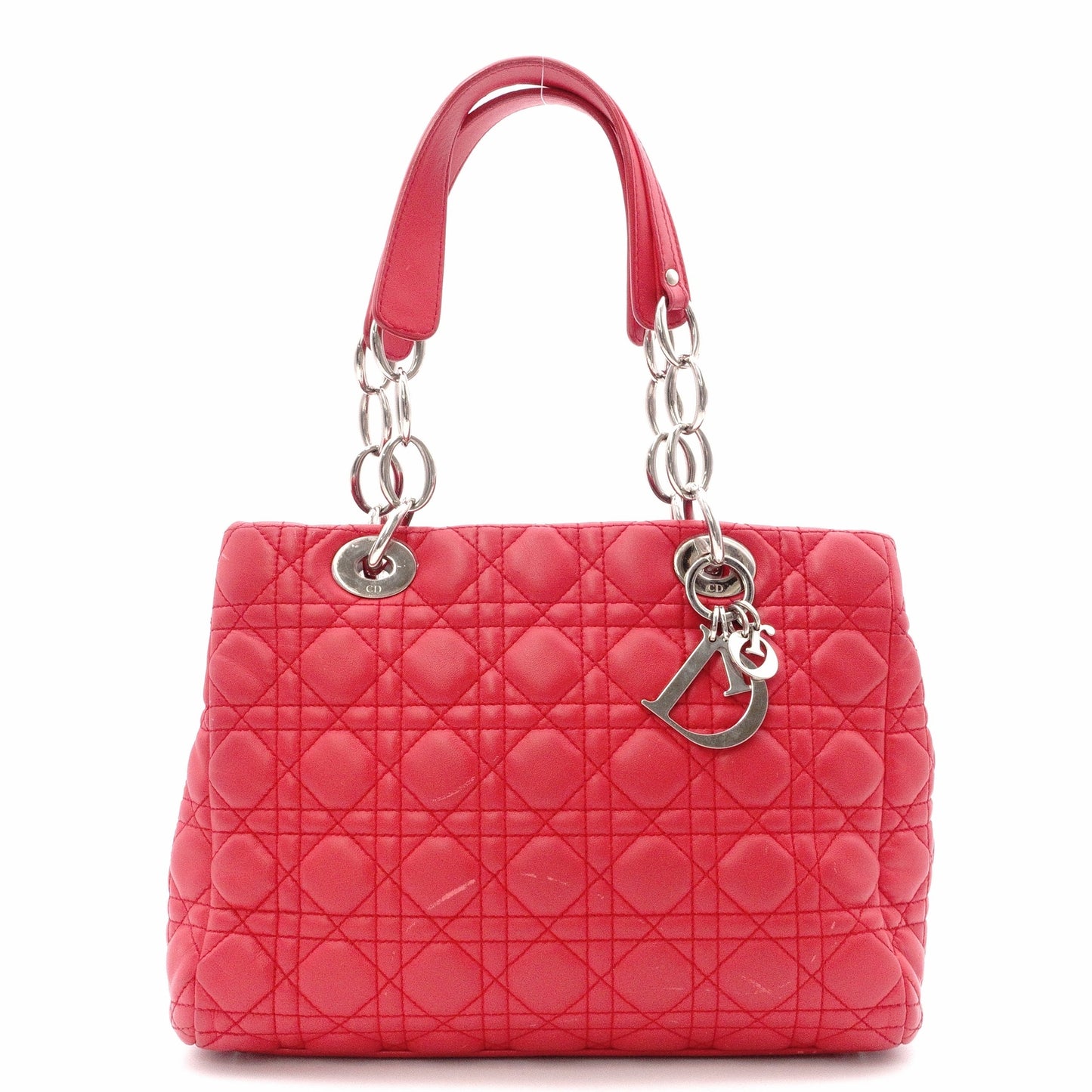 Christian Dior Lady Dior Soft Handbag, Leather, Red, Silver Hardware, CD Charm, Logo