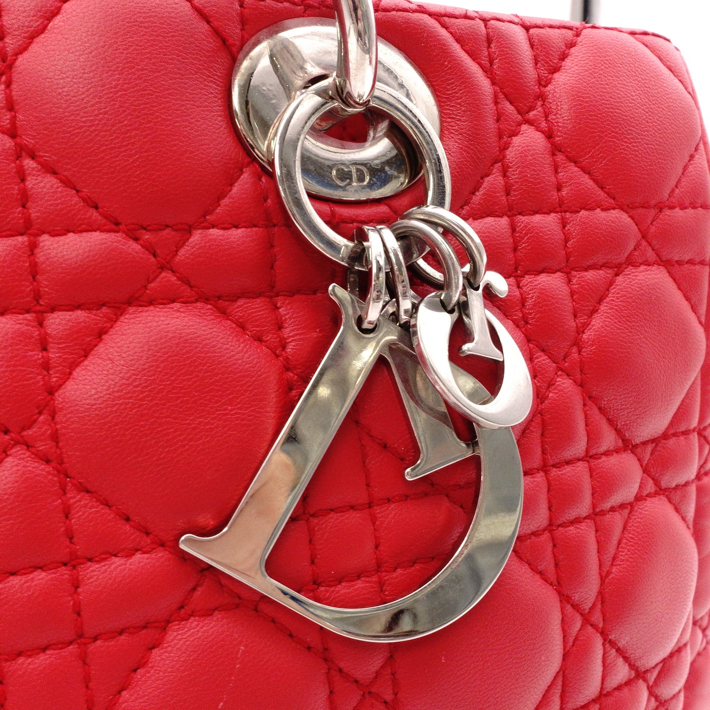Christian Dior Lady Dior Soft Handbag, Leather, Red, Silver Hardware, CD Charm, Logo