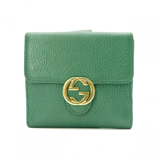 GUCCI Interlocking Bifold Wallet, Leather, Green, Gold Hardware