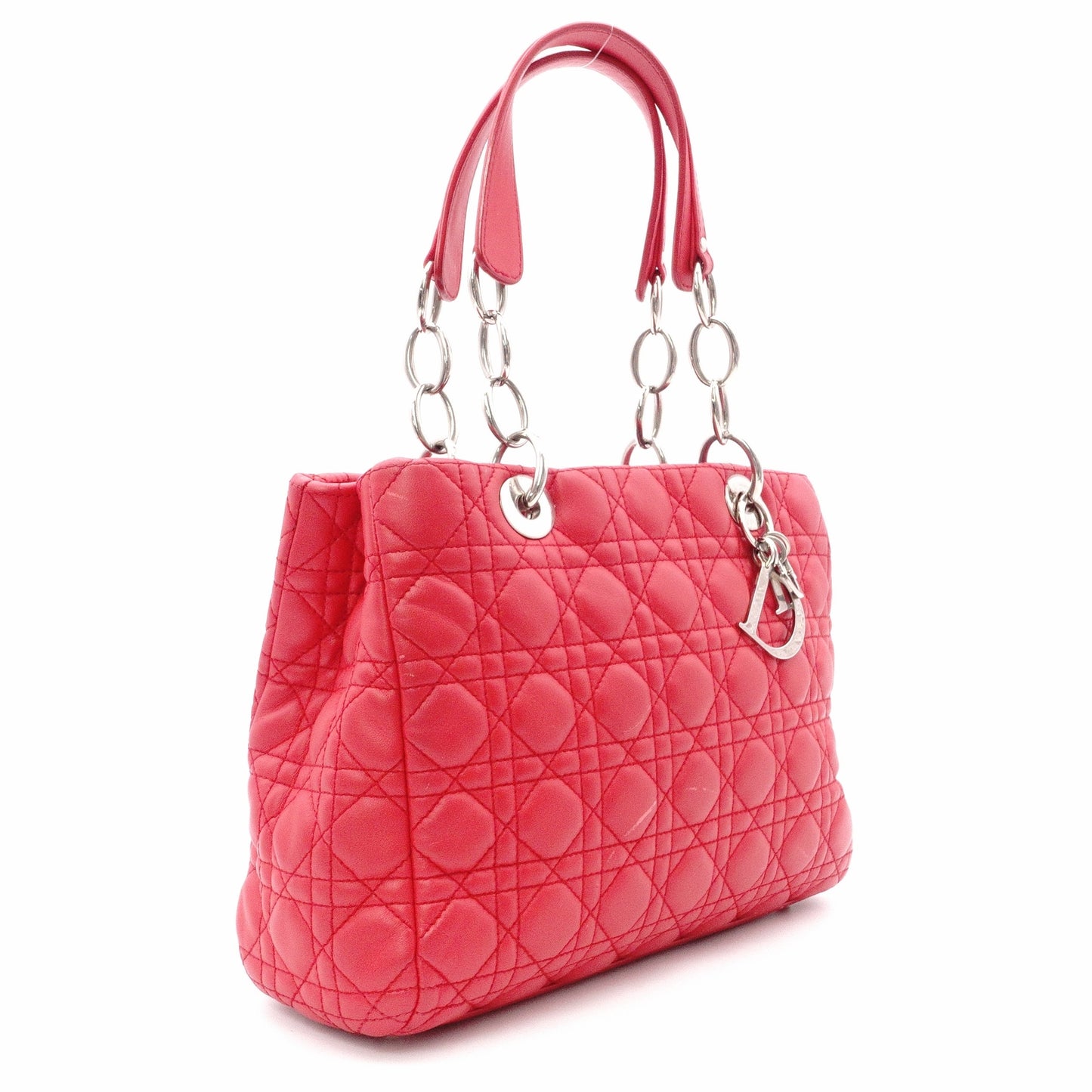 Christian Dior Lady Dior Soft Handbag, Leather, Red, Silver Hardware, CD Charm, Logo