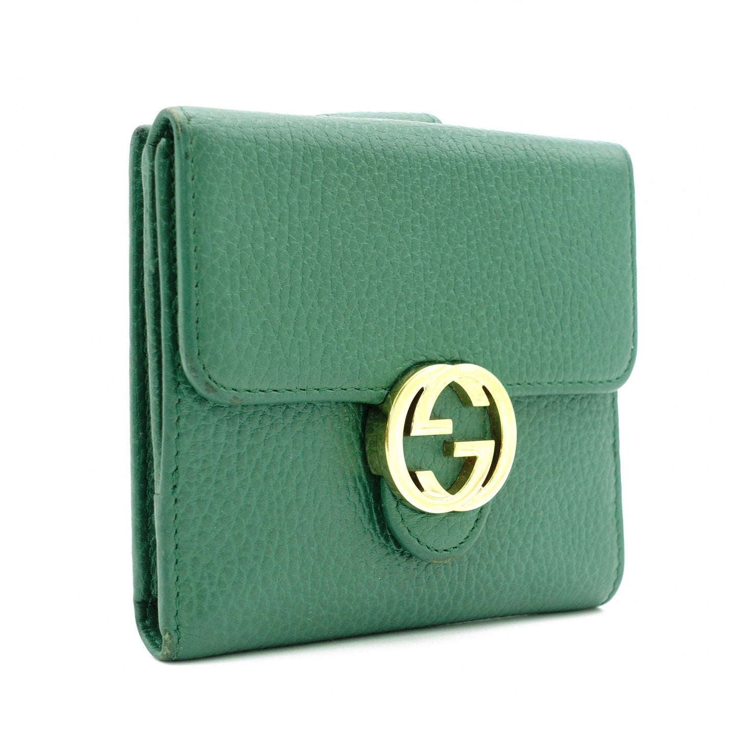GUCCI Interlocking Bifold Wallet, Leather, Green, Gold Hardware