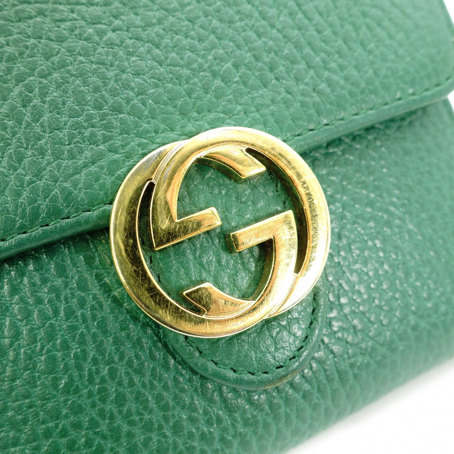 GUCCI Interlocking Bifold Wallet, Leather, Green, Gold Hardware