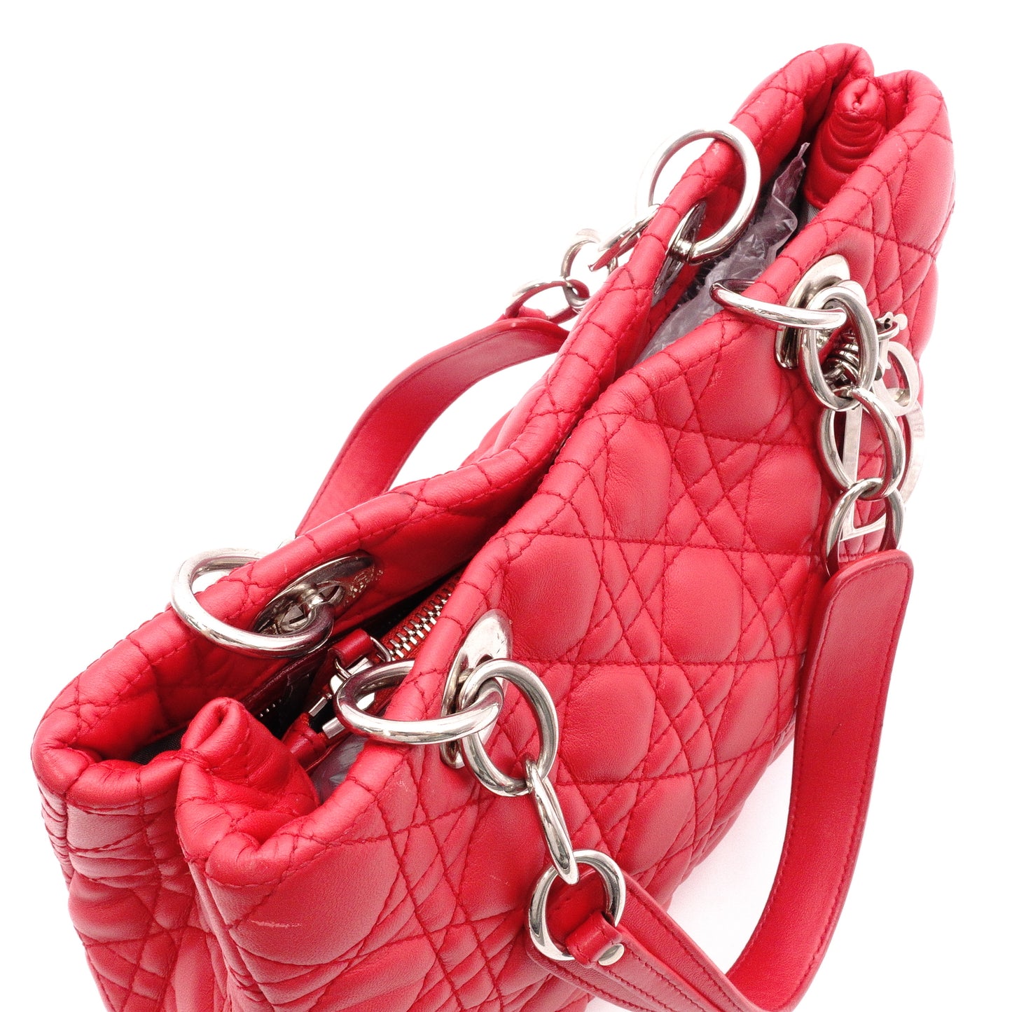 Christian Dior Lady Dior Soft Handbag, Leather, Red, Silver Hardware, CD Charm, Logo
