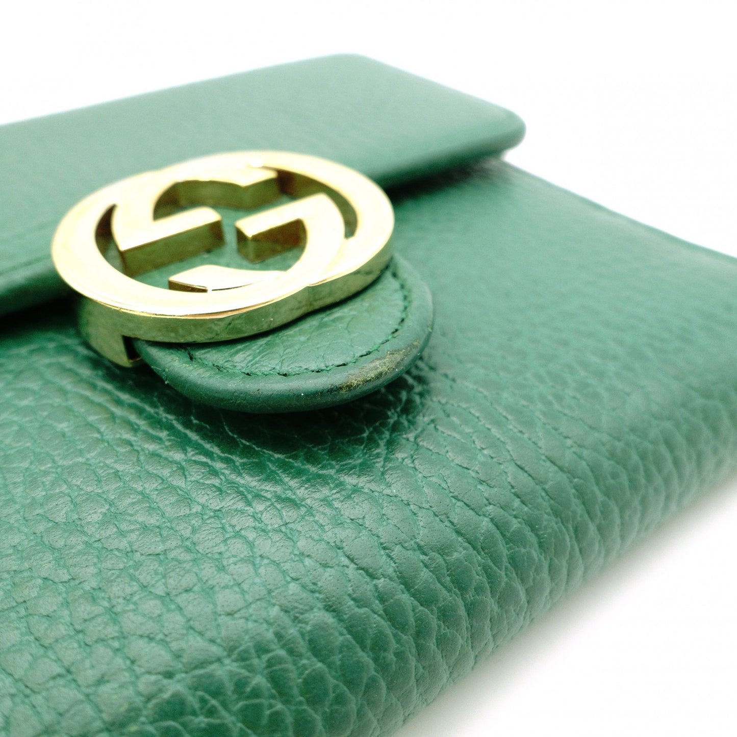 GUCCI Interlocking Bifold Wallet, Leather, Green, Gold Hardware