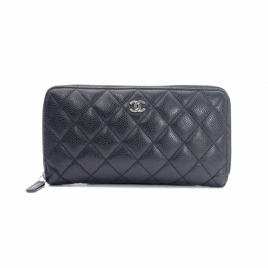 CHANEL Matelassé Long Wallet, Leather, Black, Silver Hardware