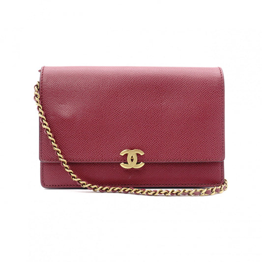 CHANEL Chain Wallet Shoulder Bag, Leather, Red, Gold Hardware