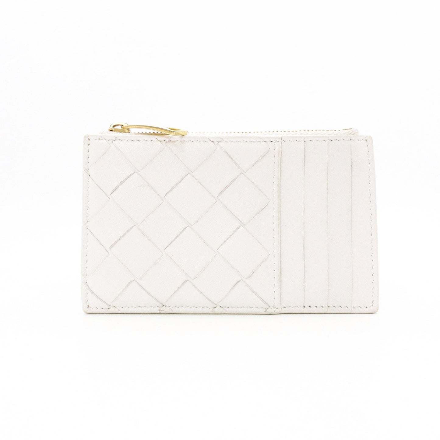 Bottega Veneta Intrecciato Coin Purse, Leather, White, Gold Hardware, Wallet