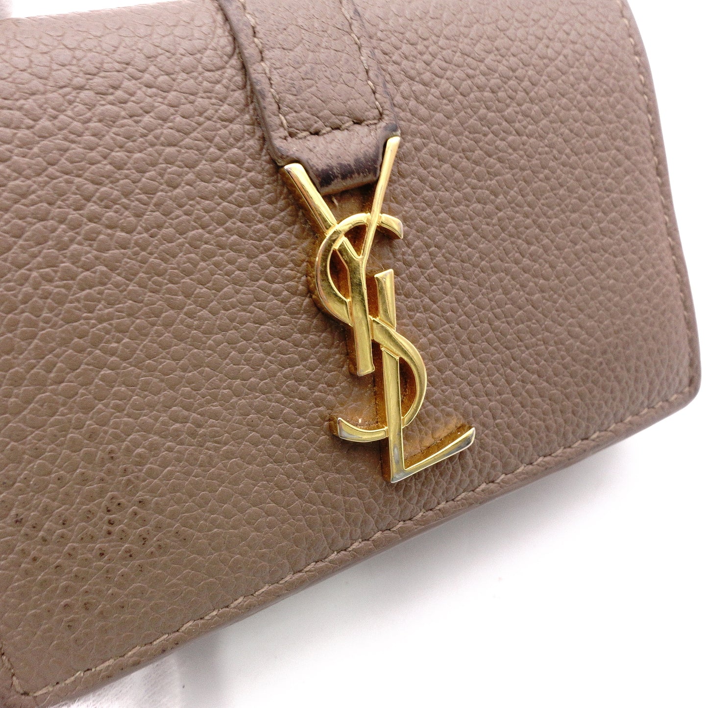 SAINT LAURENT Cassandra Tri-Fold Wallet, Leather, Beige, YSL Gold Hardware