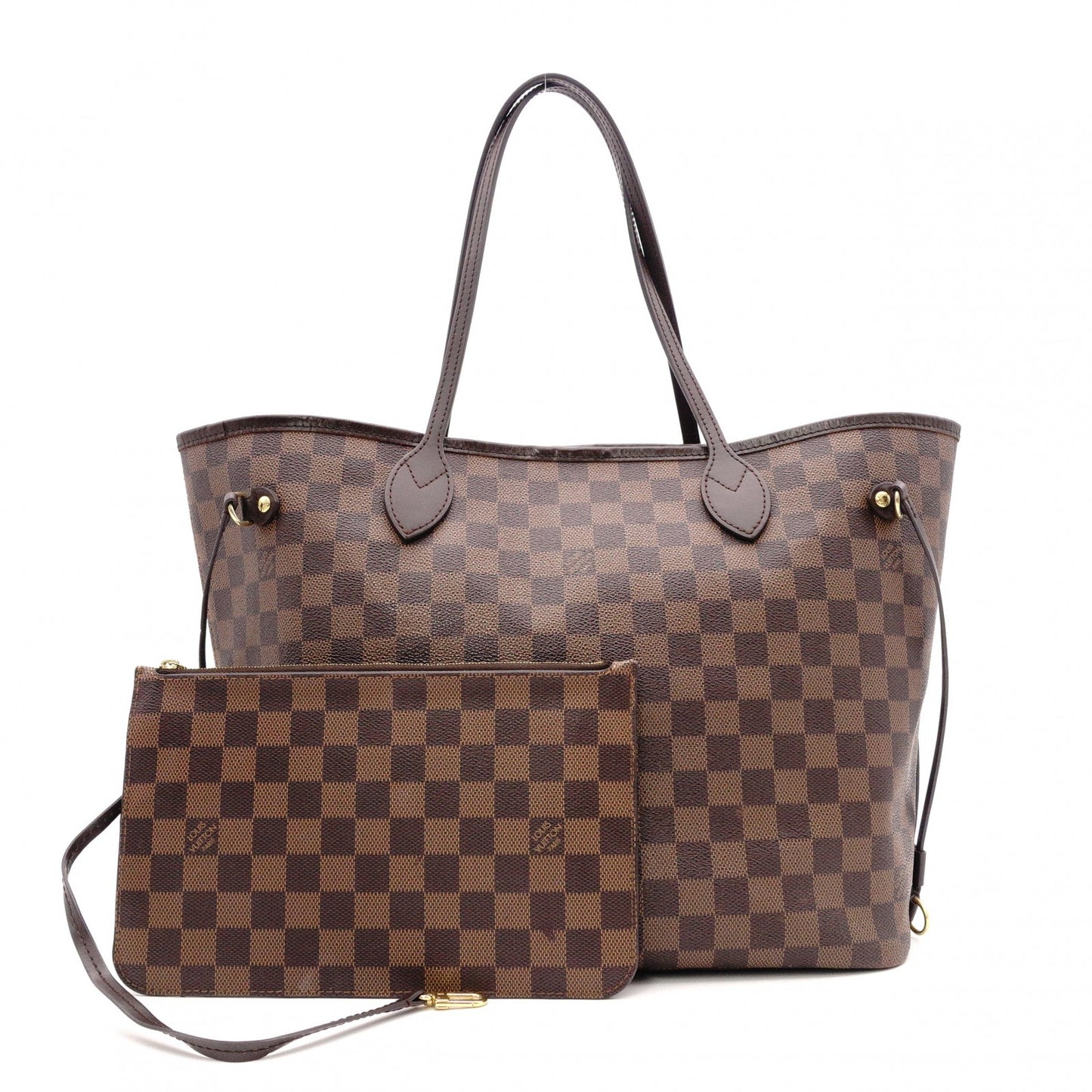 LOUIS VUITTON Neverfull Damier Shoulder Bag, Leather/PVC, Brown, with Pouch