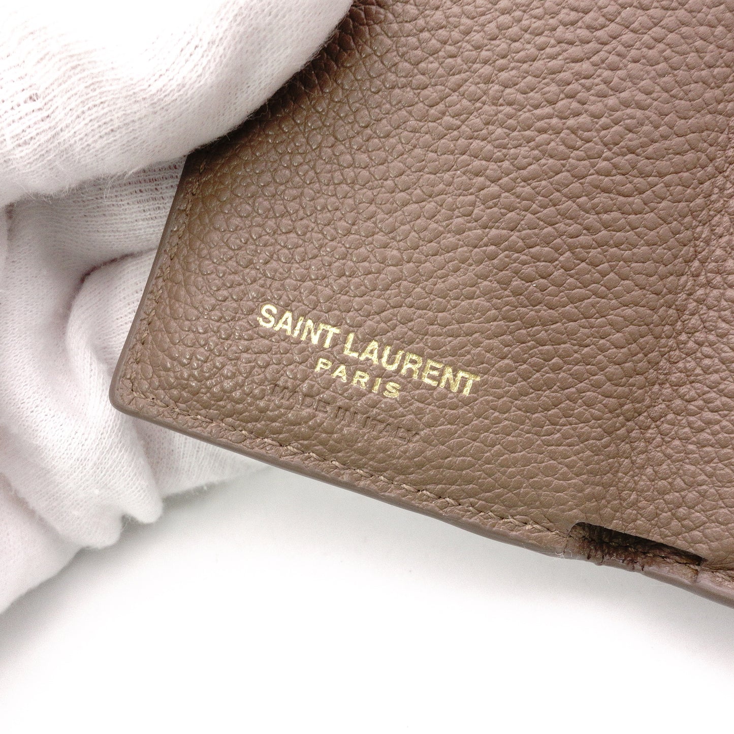 SAINT LAURENT Cassandra Tri-Fold Wallet, Leather, Beige, YSL Gold Hardware