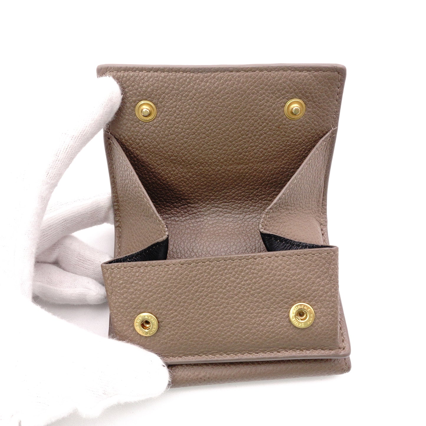 SAINT LAURENT Cassandra Tri-Fold Wallet, Leather, Beige, YSL Gold Hardware