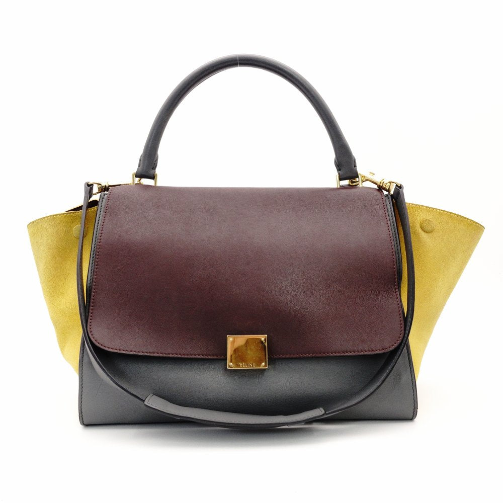 Celine Trapeze Handbag Leather 2-Way Gray × Bordeaux × Yellow Shoulder Suede 7-10-723