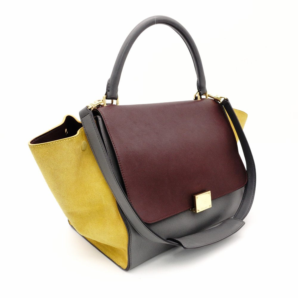 Celine Trapeze Handbag Leather 2-Way Gray × Bordeaux × Yellow Shoulder Suede 7-10-723