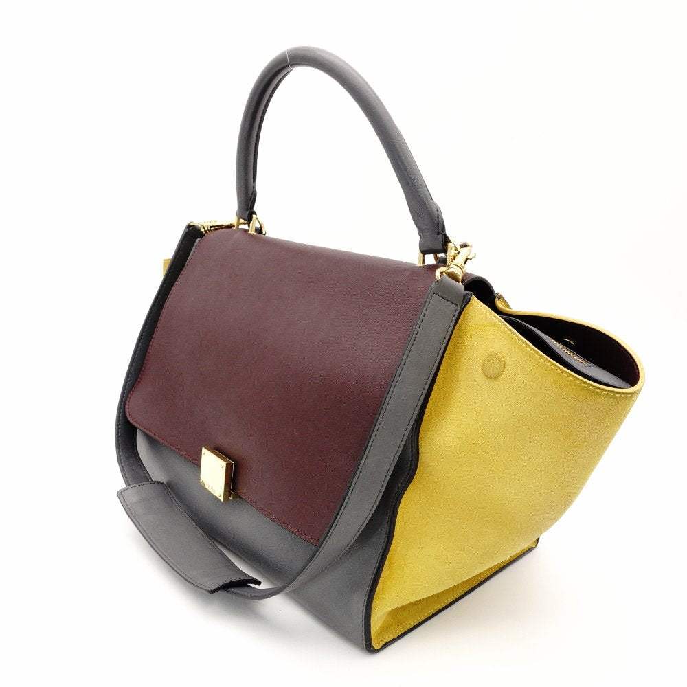 Celine Trapeze Handbag Leather 2-Way Gray × Bordeaux × Yellow Shoulder Suede 7-10-723