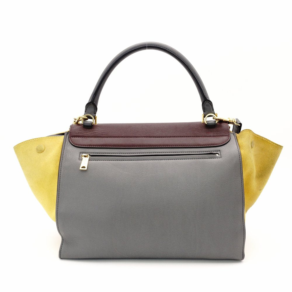 Celine Trapeze Handbag Leather 2-Way Gray × Bordeaux × Yellow Shoulder Suede 7-10-723