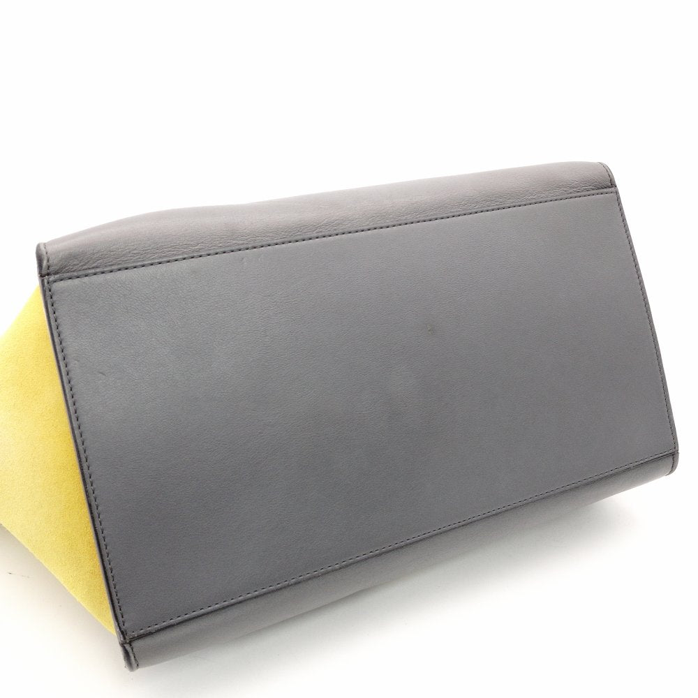 Celine Trapeze Handbag Leather 2-Way Gray × Bordeaux × Yellow Shoulder Suede 7-10-723