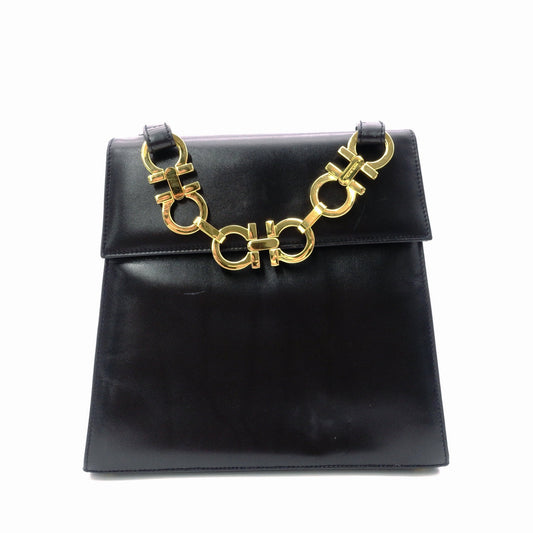 Salvatore Ferragamo Gancini Handbag, Leather, Black, 2-Way, Gold Hardware