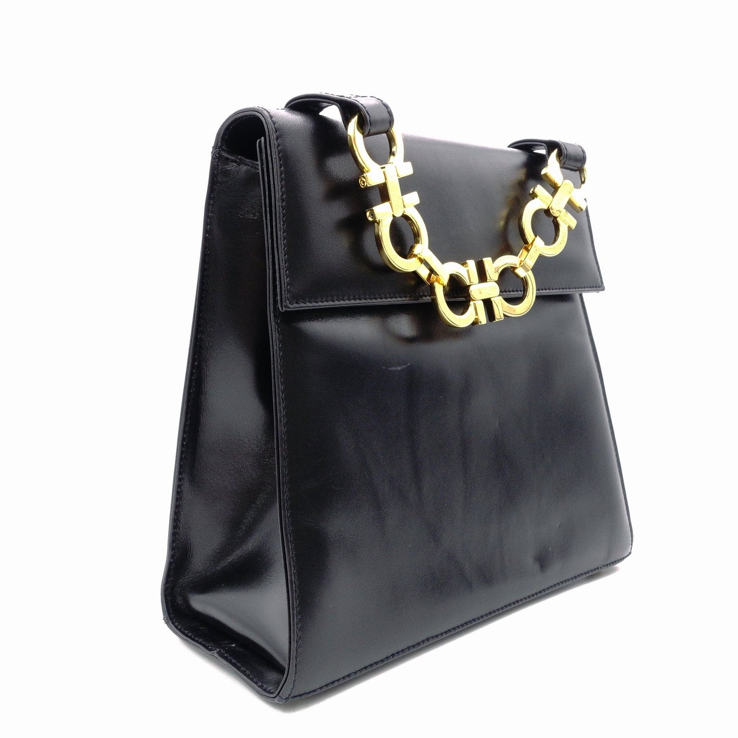 Salvatore Ferragamo Gancini Handbag, Leather, Black, 2-Way, Gold Hardware