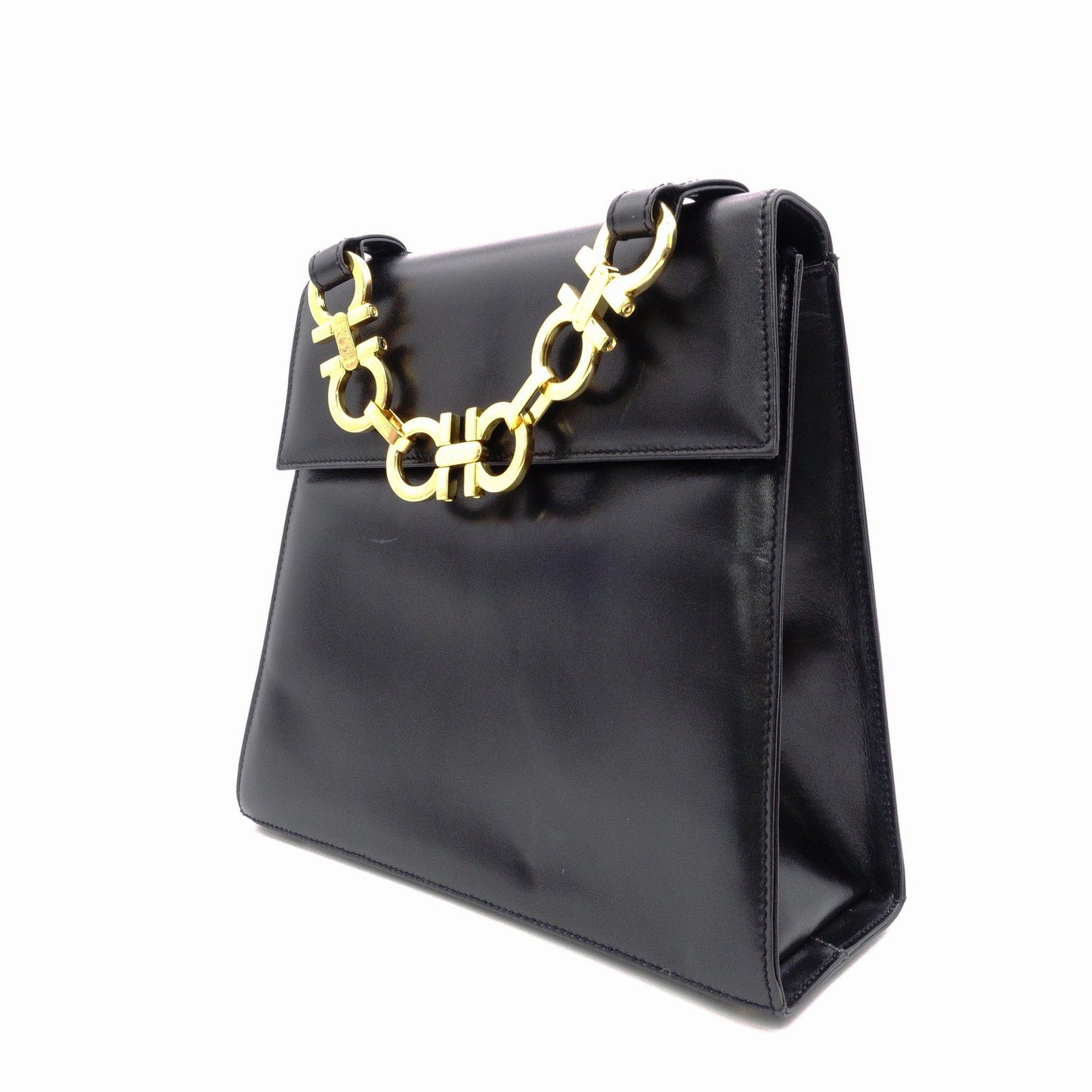 Salvatore Ferragamo Gancini Handbag, Leather, Black, 2-Way, Gold Hardware