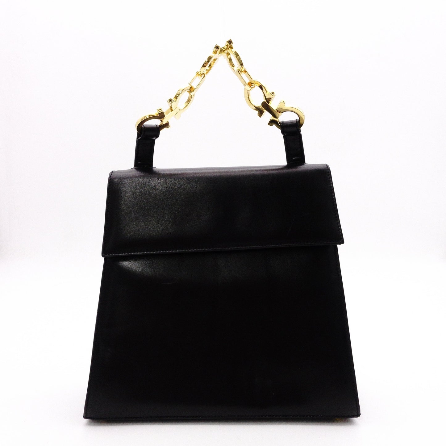 Salvatore Ferragamo Gancini Handbag, Leather, Black, 2-Way, Gold Hardware