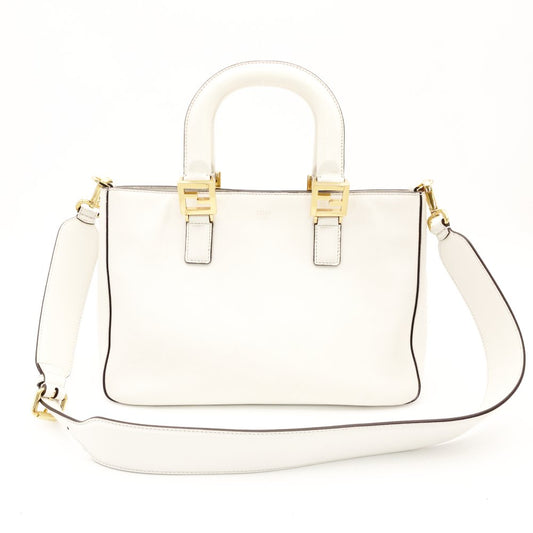 FENDI Handbag FF Tote White 2-Way Leather FF Logo Shoulder Gold Hardware R801649