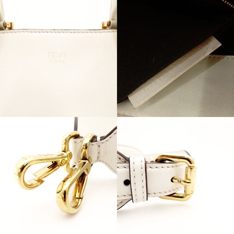 FENDI Handbag FF Tote White 2-Way Leather FF Logo Shoulder Gold Hardware R801649